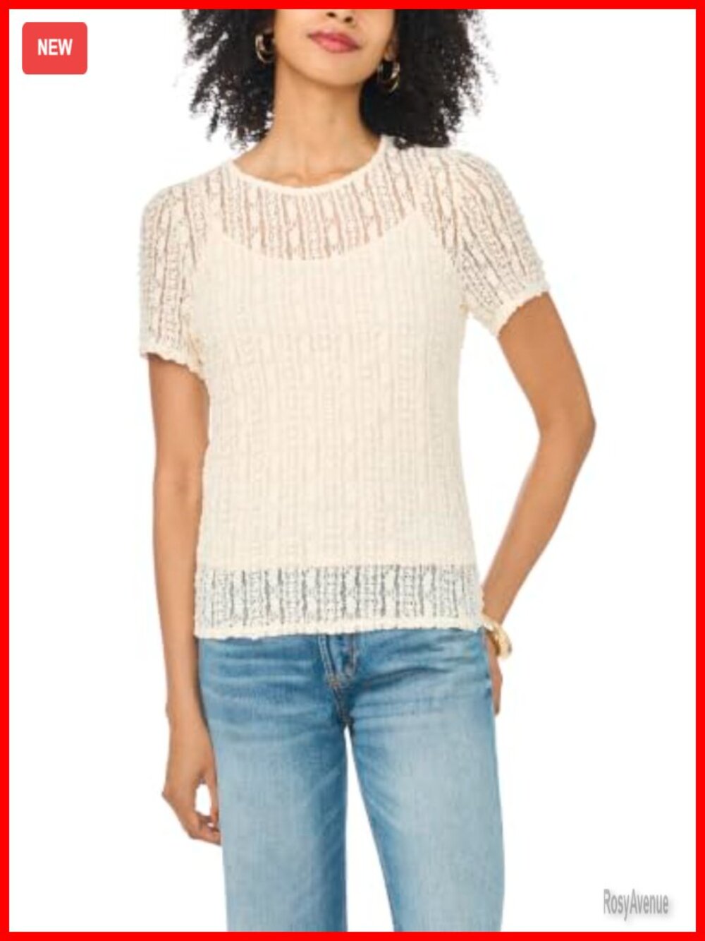 Womens Stretch Lace Short Sleeve Fitted Crew Neck Blouse Top